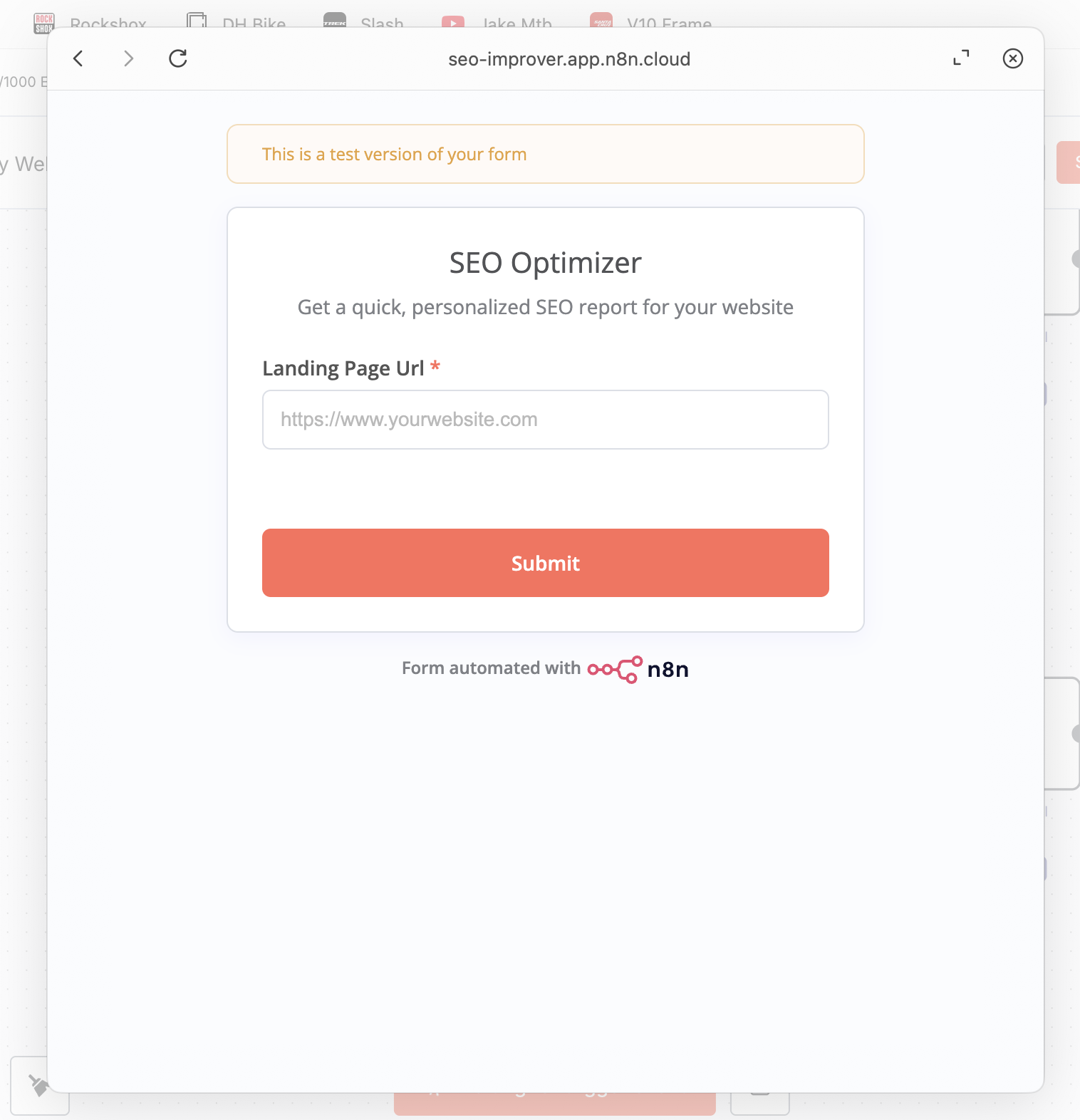 SEO Optimizer intake form asking for a landing page URL