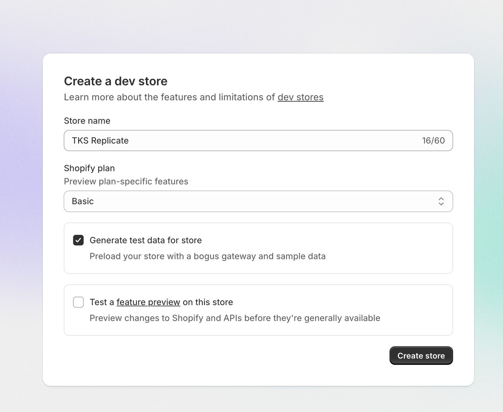 Shopify admin screen for creating a new development store