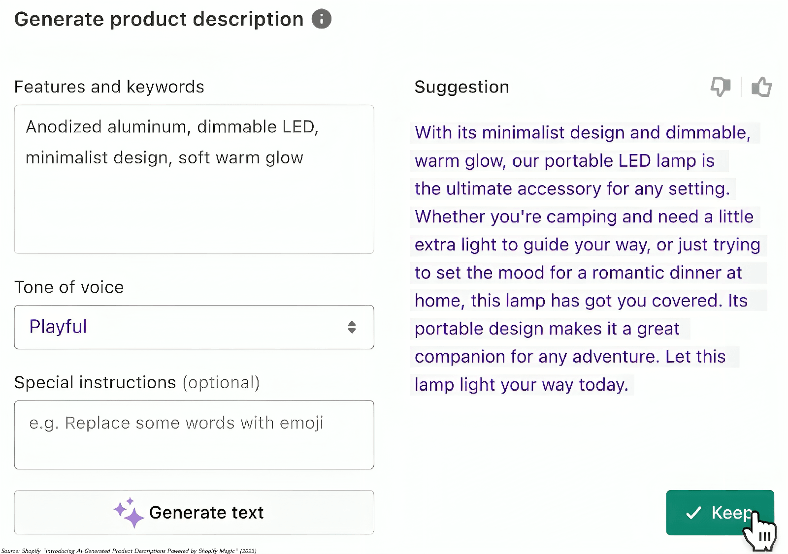 Shopify Magic generating a product description from features and keywords