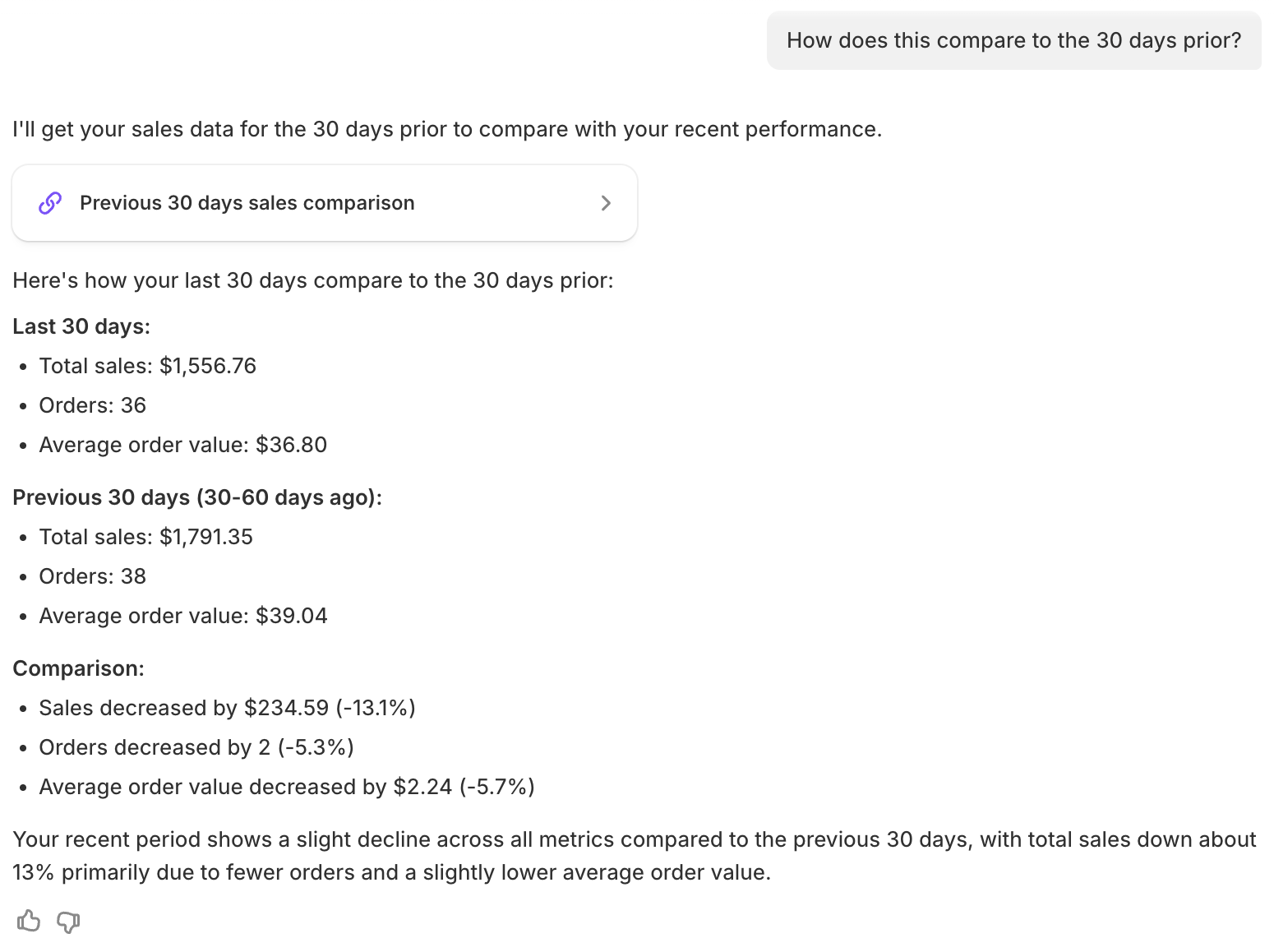 Sidekick chat comparing the last 30 days of sales to the 30 days prior