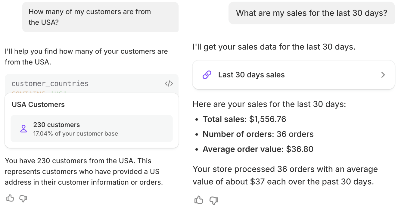 Two Sidekick chat screenshots: how many customers are from the USA, and what are my sales for the last 30 days