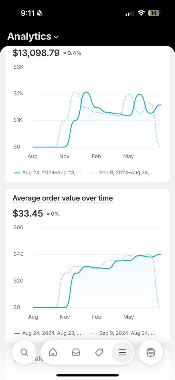 Shopify analytics graph showing revenue and average order value climbing over the phone case brand's first year